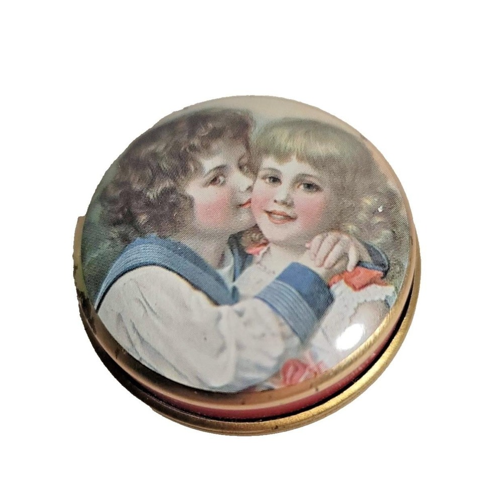 Small Victorian Children Round Metal Pill Box Red Gold Tone Trinket Container